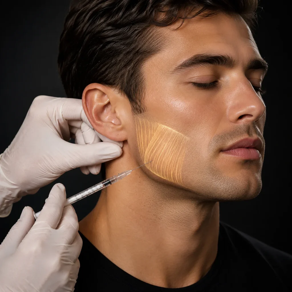 A practitioner in gloves gives a targeted injection into the masseter muscle at the angle of a man's jaw, with the treated muscle highlighted.